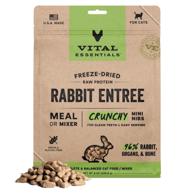 Vital Essentials Freeze Dried Raw Cat Food - High Protein, Grain Free & Limited Ingredient - Crunchy Mini Nibs - Rabbit Entrée