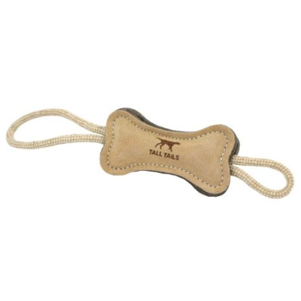 Tall Tails Natural Leather & Wool Dog Toy - Reinforced Buffalo Hide for Interactive Fetch & Tug - Bone - 16 in