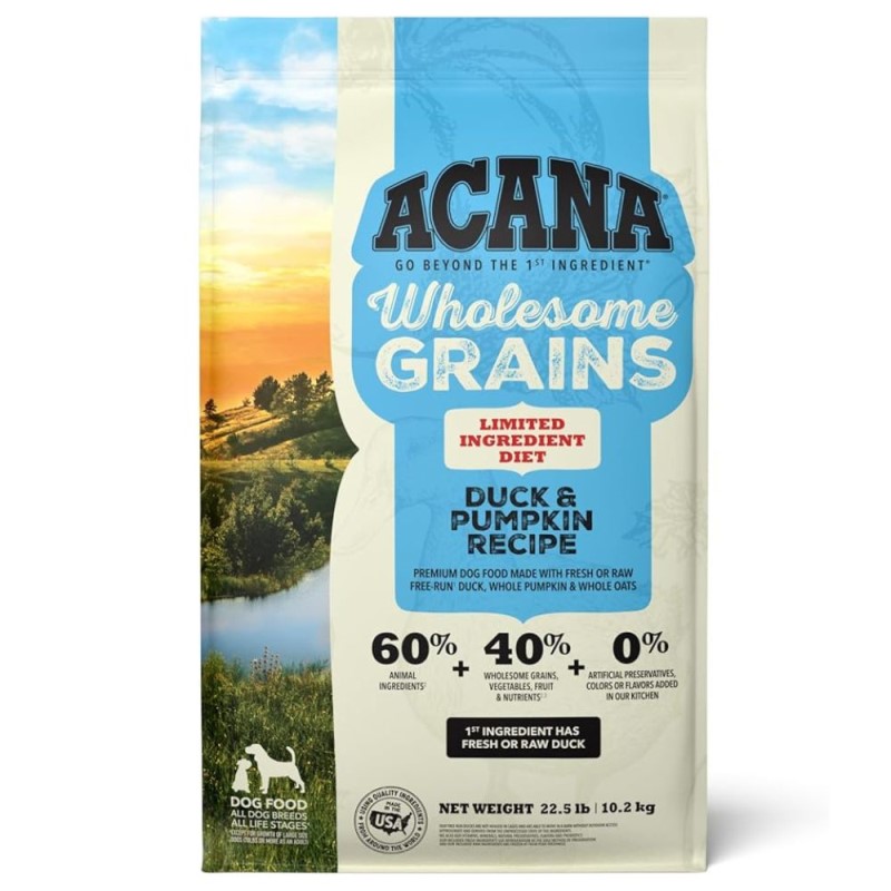 ACANA Wholesome Grains Dry Dog Food - Protein Rich with Limited Ingredients - Duck & Pumpkin Recipe - 25 lbs Bag