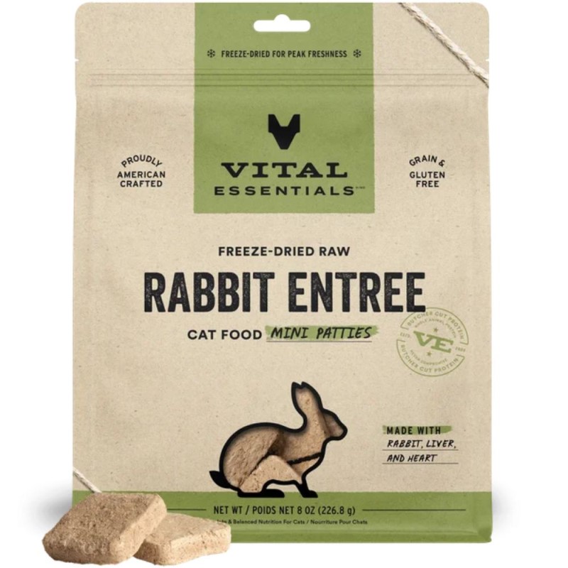 Vital Essentials Freeze Dried Raw Cat Food - High Protein, Grain Free & Limited Ingredient Mini Patties - Rabbit Entrée