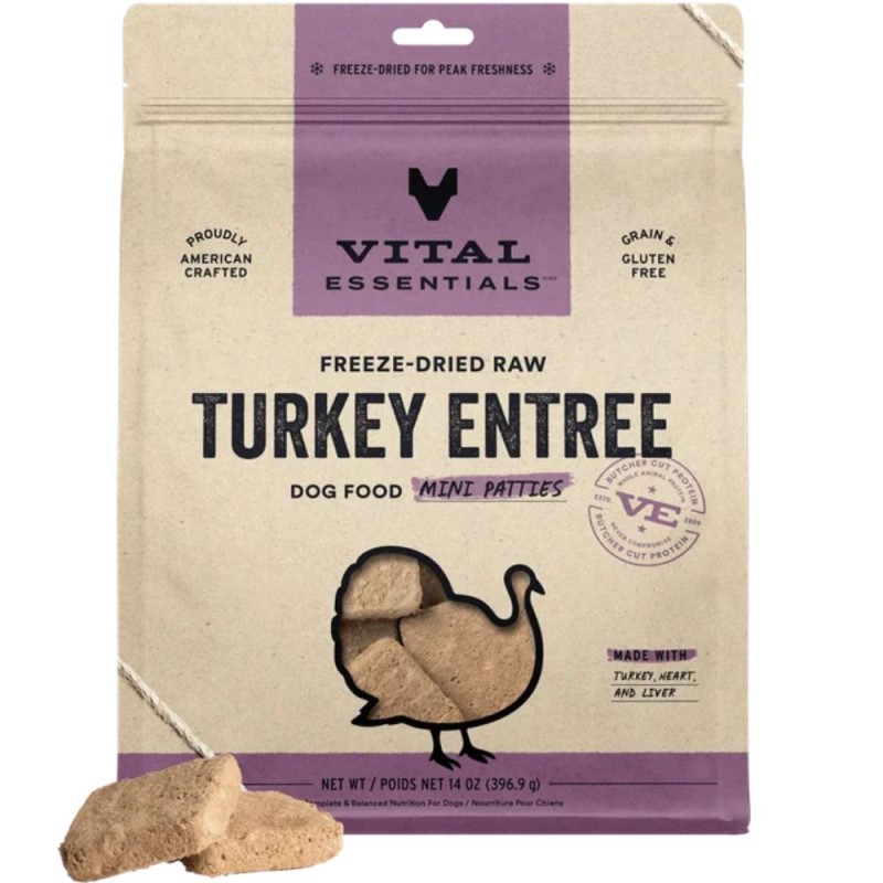 Vital Essentials Freeze Dried Raw Dog Food - High Protein, Grain Free & Limited Ingredient Mini Patties - Turkey Entrée