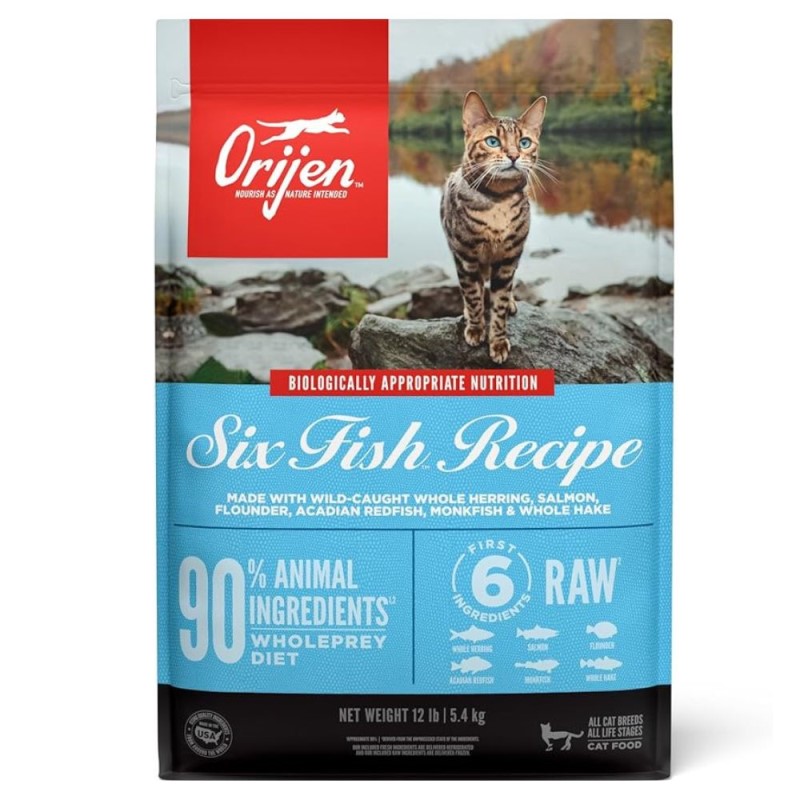 Orijen High Protein Dry Cat Food - Grain Free with WholePrey Nutrition - Six Fish Recipe - 12 lbs Bag