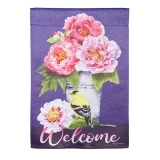 Evergreen Bucket of Peonies Suede Garden Flag