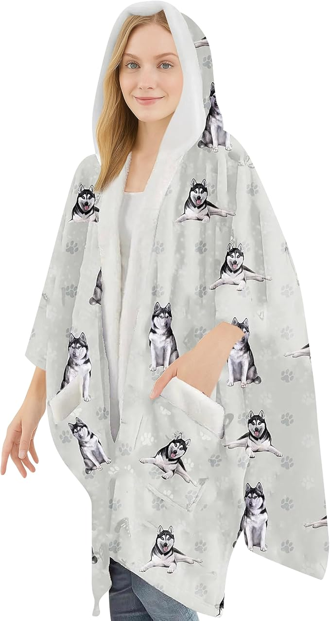 E&S Snuggs Wrap Soft Fleece Wearable Blanket Hoodie-Siberian Husky