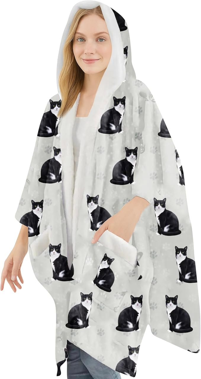 E&S Snuggs Wrap Soft Fleece Wearable Blanket Hoodie-Black and White Cat