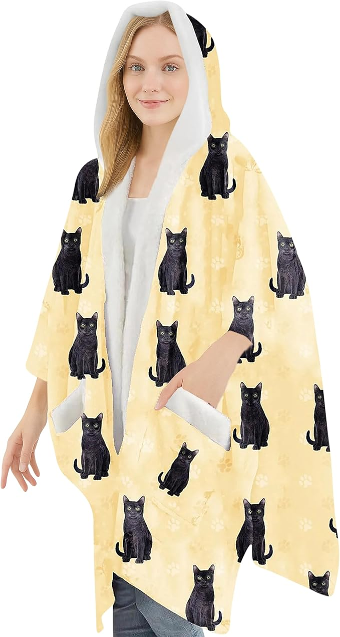 E&S Snuggs Wrap Soft Fleece Wearable Blanket Hoodie-Black Cat