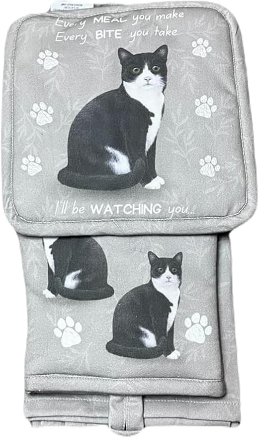 E&S Oven Mitt Set I'll Be Watching You-Black and White Cat