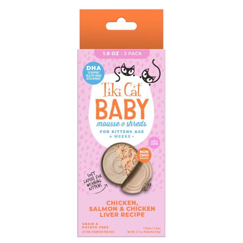 Tiki Cat Baby Mousse Kitten Chicken Liver Salmon-1.9 Oz 3 Ct
