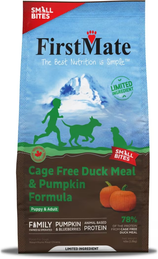 FirstMate-Limited Ingredient, Grain Free, Cage Free Duck Meal & Pumpkin Small Bite Dry Food for Dogs