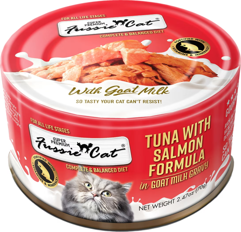 Fussie Cat-Tuna with Salmon in Goat Milk Gravy Shredded Canned Cat Food