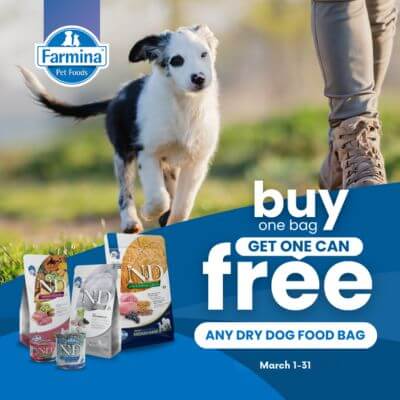 Buy any size bag of Farmina N&D Dry Dog Food, Get 1 Canine N&D Wet Food Can FREE!