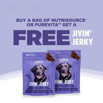 Buy any 4lb bag or larger of NutriSource or PureVita Dry Dog Food, Get a bag of Jivin' Jerky Treats FREE! Offer excludes Elements and Choice.