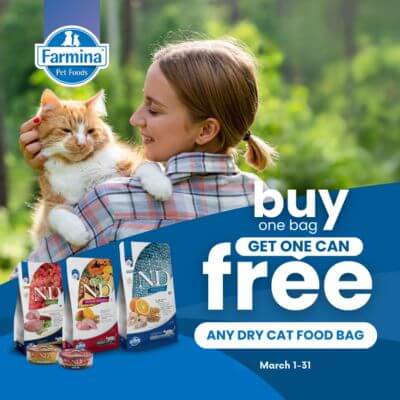 Buy any bag of Farmina N&D Dry Cat Food, Get 1 Feline N&D Wet Food Can FREE!