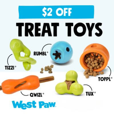 Save $2.00 on some of West Paw's best Puzzle & Treat Toys! Offer includes all sizes of Tizzi, Rumbl, Toppl, Tux and Qwizl!