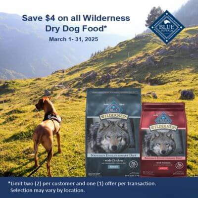 Get $4.00 OFF any size bag of Wilderness Dry Dog Food.