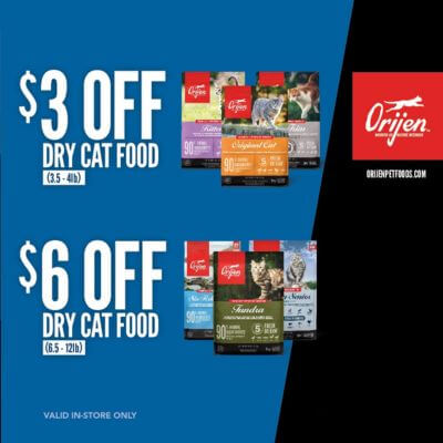 Get $3.00 OFF 3.5-4lb bags and $6.00 OFF 6.5-12lb bags of ORIJEN Cat Food recipes.