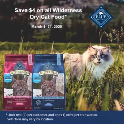 Get $4.00 OFF any size bag of Wilderness Dry Cat Food.