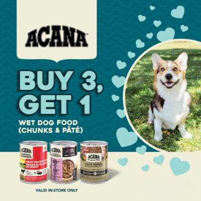 Buy 3, Get 1 FREE on 12.5oz-12.8oz Cans of ACANA Premium Chunks and Pate Wet Dog Food!