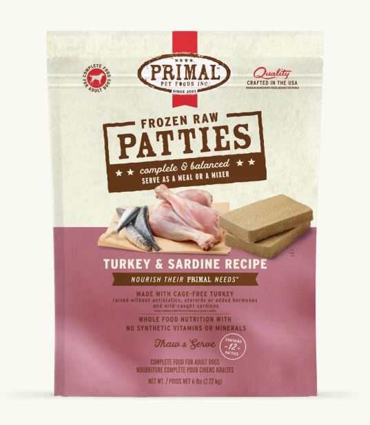 Primal Frozen Raw Turkey & Sardine Patties for Dogs, 6lb