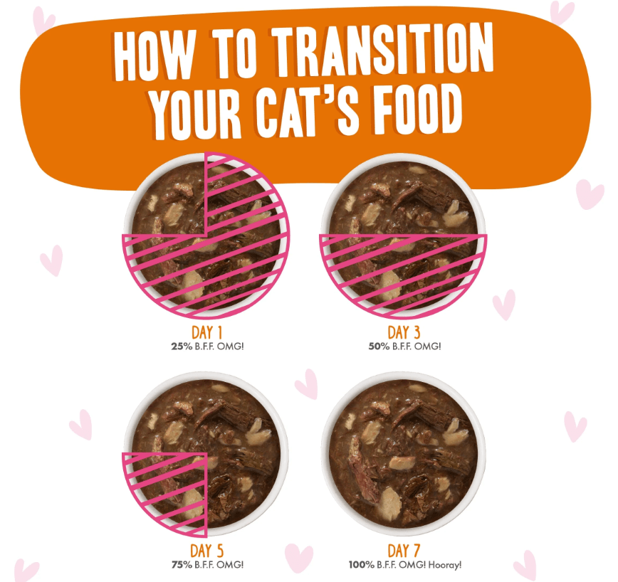 Weruva BFF OMG Sweet Cheeks Tuna and Salmon Gravy pouch slow transition feeding chart - 7 days