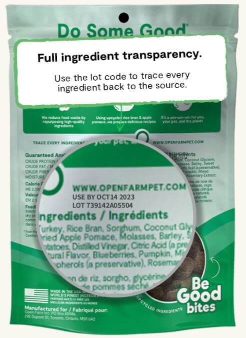 Open Farm Be Good Bites Turkey Recipe back of bag QR code for product transparency.