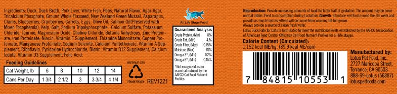 Lotus Cat Pate Duck Recipe label including guaranteed analysis and feeding instructions.