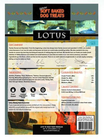 Lotus Grain-Free Soft Baked Sardine and Herring Dog Treats back of the bag label.