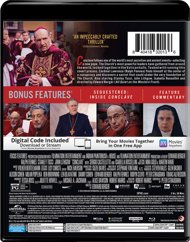 Back Cover - CONCLAVE (2024)/FIENNES/TUCCI/LITHGOW@PG@4K ULTRA HD + BLU-RAY